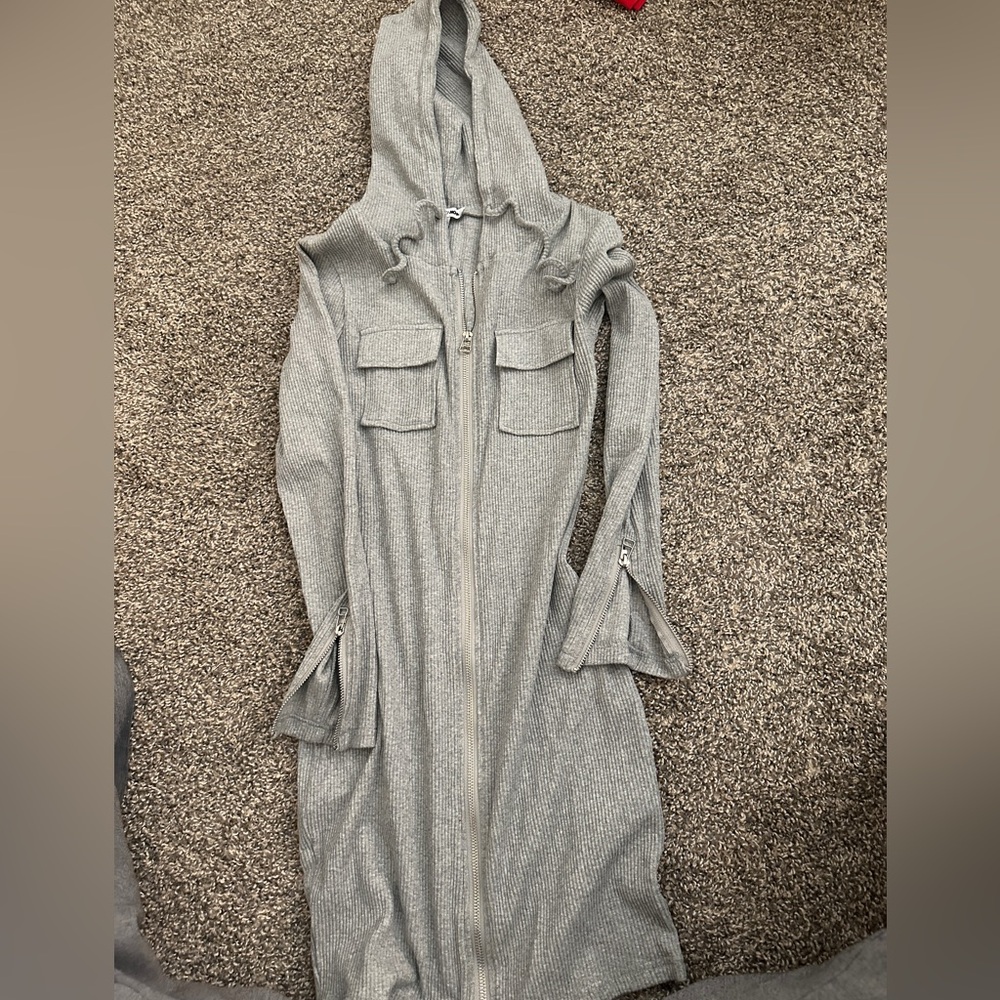 Gray Hooded Zipper Dress